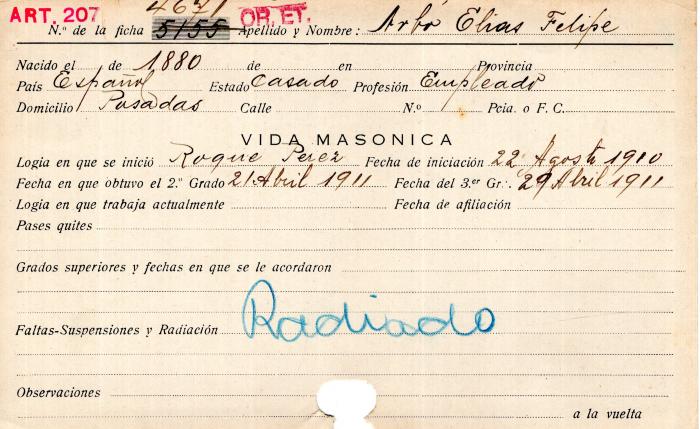 Ficha de miembro de Elias Felipe Arbó.