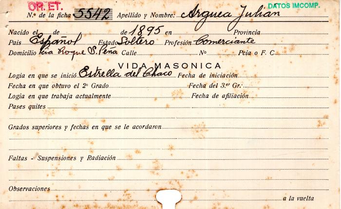 Ficha de miembro de Julián Arguea.