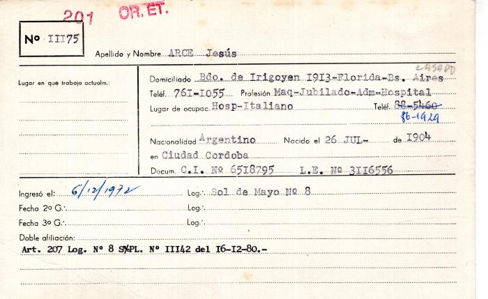 Ficha de miembro de Jesús Arce.