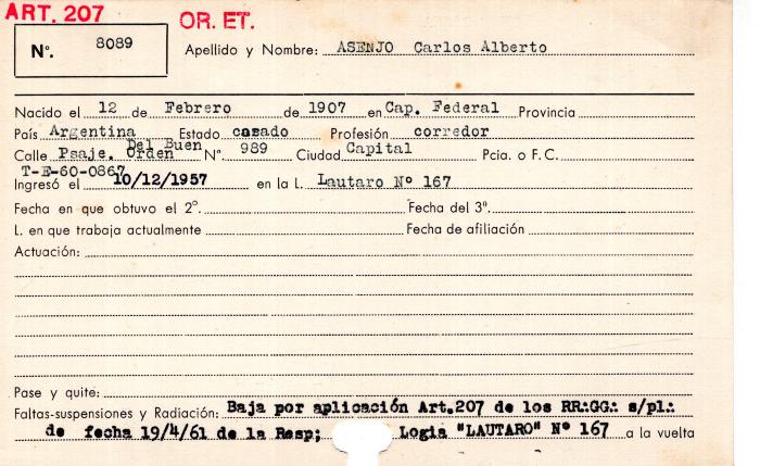 Ficha de miembro de Carlos Alberto Asenjo.