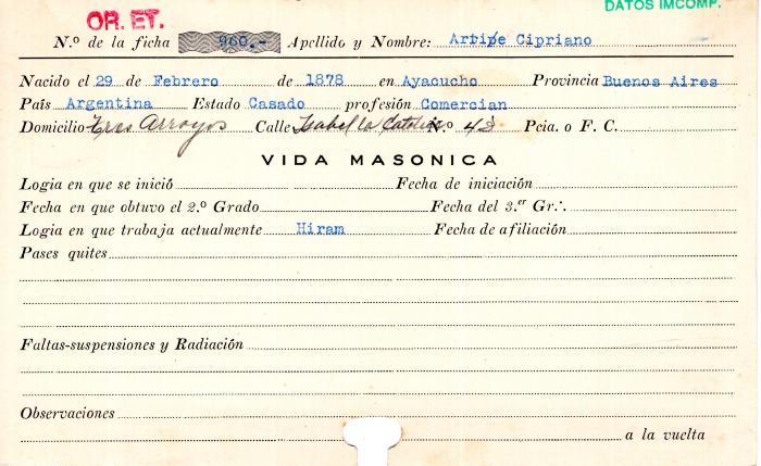 Ficha de miembro de Cipriano Arrie.