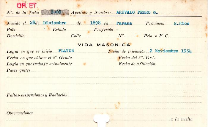 Ficha de miembro de Pedro G. Arévalo.