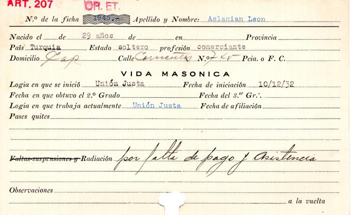 Ficha de miembro de León Aslanian.