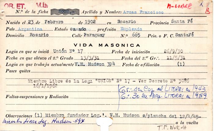 Ficha de miembro de Francisco Arcas.