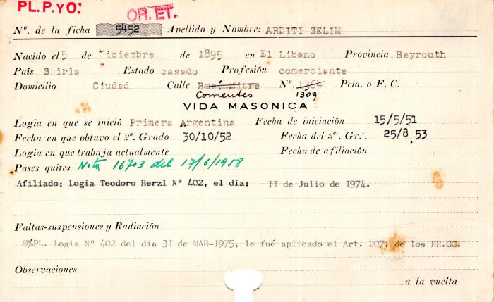 Ficha de miembro de Selim Arditi.