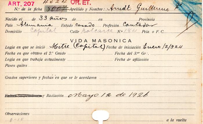 Ficha de miembro de Guillermo F. Arudt.