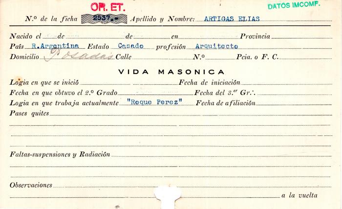 Ficha de miembro de Elias Artigas.