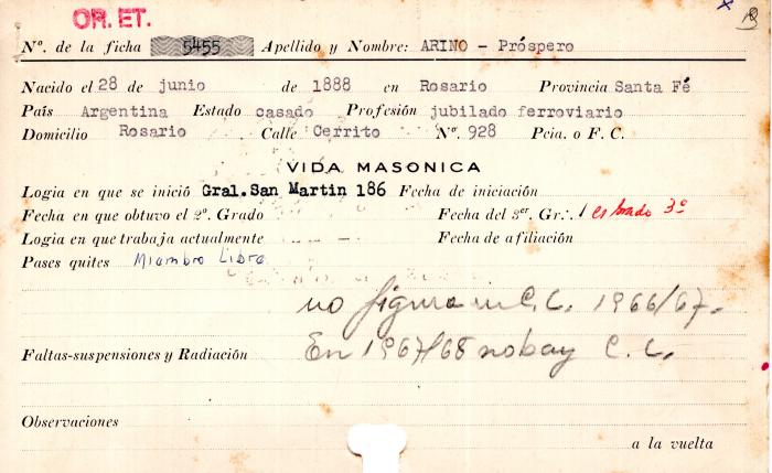 Ficha de miembro de Próspero Arino.