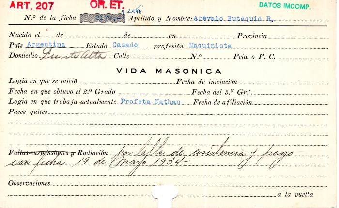 Ficha de miembro de Eustaquio R. Arévalo.