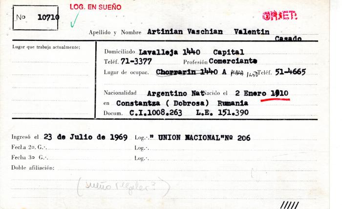 Ficha de miembro de Valentín Artinian Vaschian.