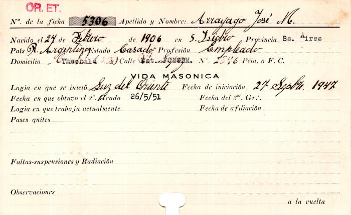 Ficha de miembro de José M. Arrayago.