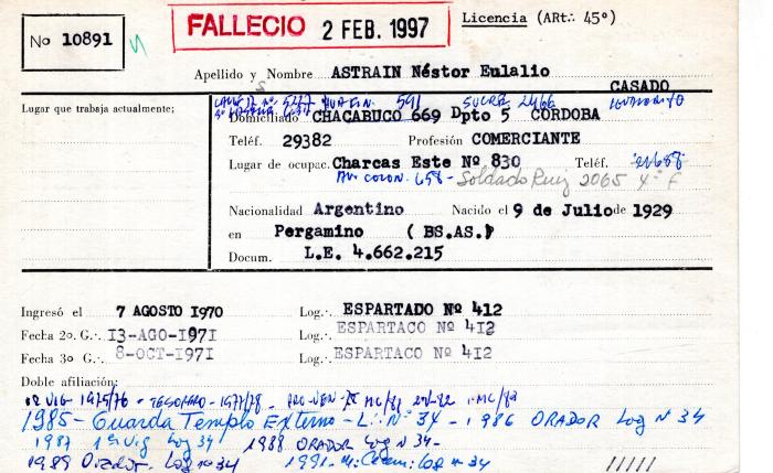 Ficha de miembro de Néstor Eulalio Astrain.