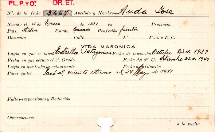 Ficha de miembro de José Auda.