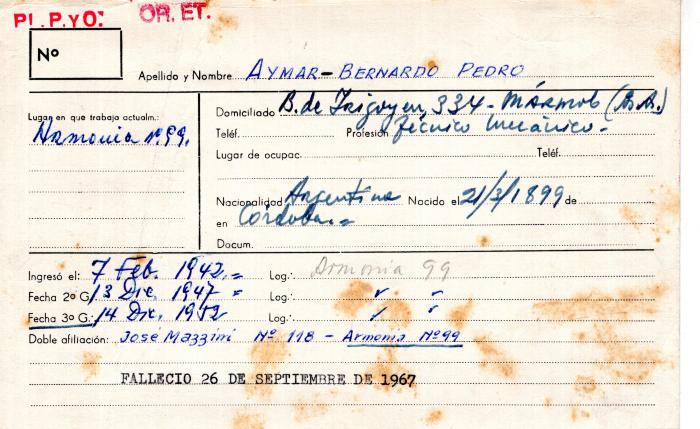 Ficha de miembro de Bernardo Pedro Aymar.
