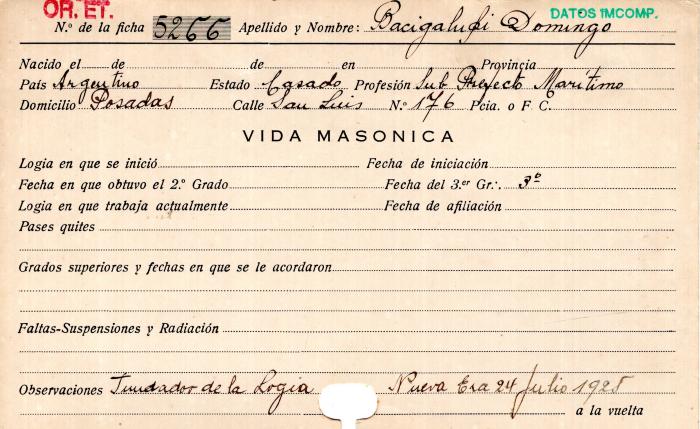 Ficha de miembro de Domingo Bacigalupi.