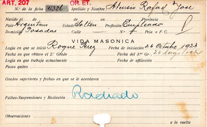 Ficha de miembro de Rafael José Atensio.
