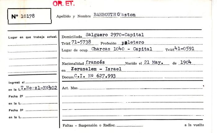 Ficha de miembro de Gastón Bahbouth.