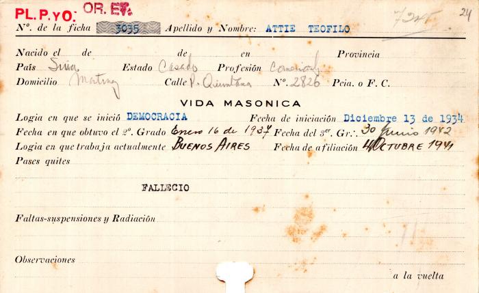 Ficha de miembro de Teófilo Attie.