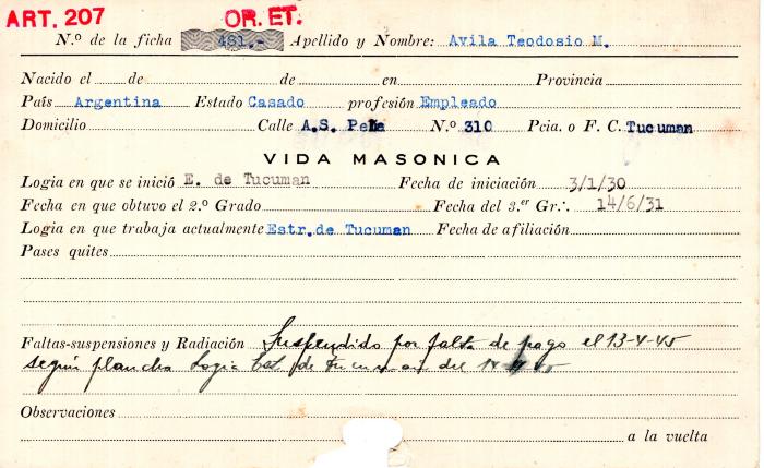 Ficha de miembro de Teodosio M. Avila.