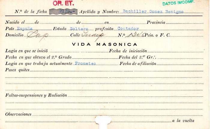 Ficha de miembro de Benigno Bachiller Gómez.