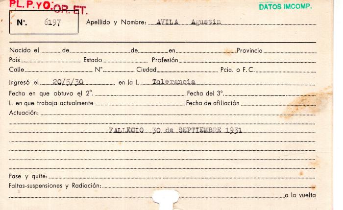 Ficha de miembro de Agustín Avila.