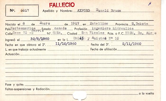 Ficha de miembro de Donald Bruce Axford.