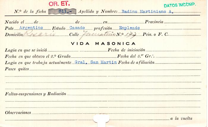 Ficha de miembro de Martiniano A. Badino.