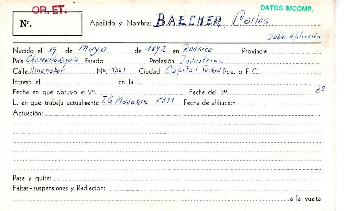 Ficha de miembro de Carlos Baecher.