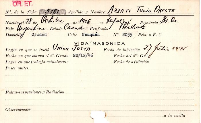 Ficha de miembro de Tulio Oreste Azzati.