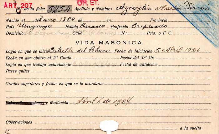 Ficha de miembro de Martín Simón Azcoytia.