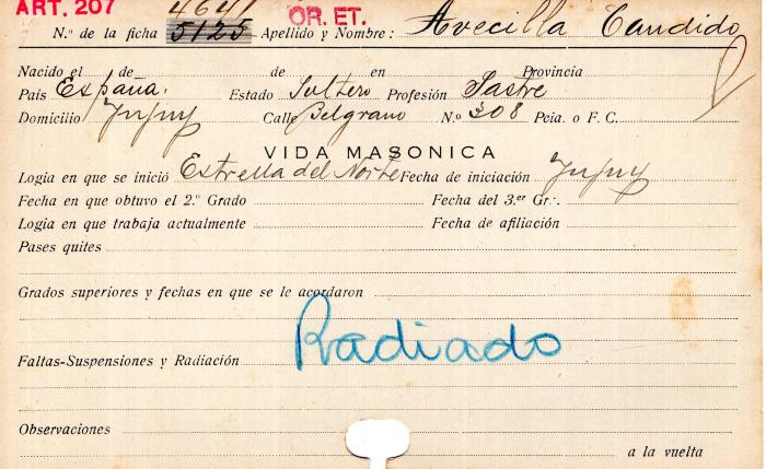 Ficha de miembro de Cándido Avecilla.