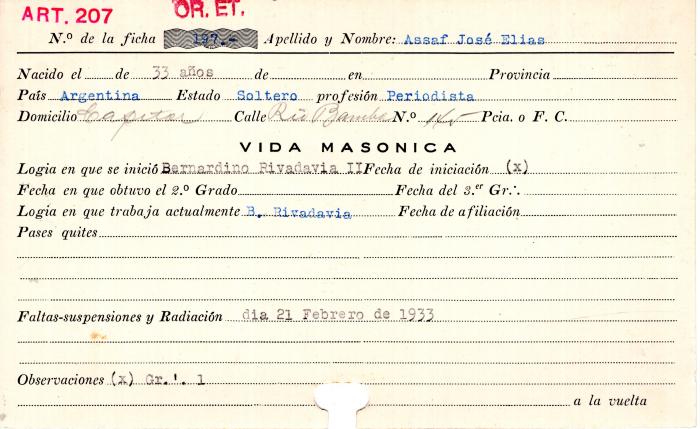 Ficha de miembro de José Elias Assaf.