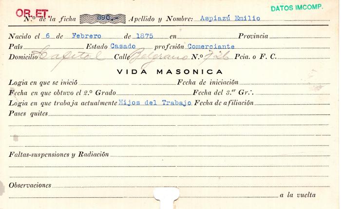 Ficha de miembro de Emilio Aspiazú.