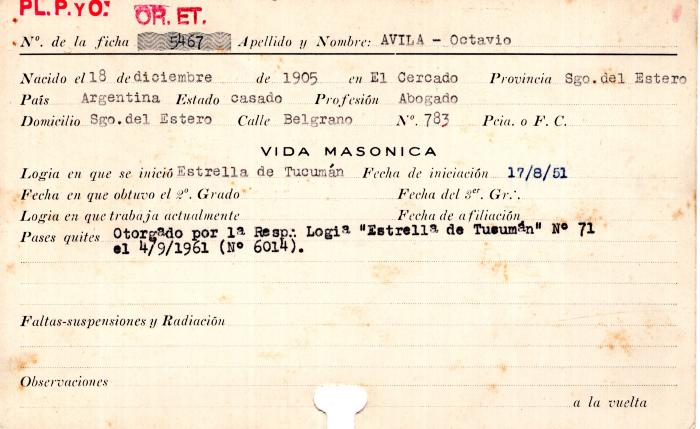 Ficha de miembro de Octavio Avila.