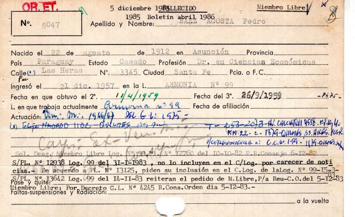 Ficha de miembro de Pedro Baez Acosta.