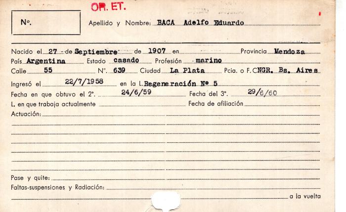 Ficha de miembro de Adolfo Eduardo Baca.