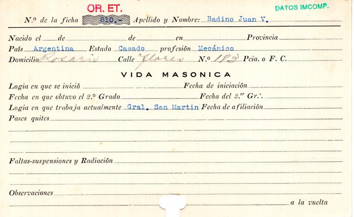 Ficha de miembro de Juan V. Badino.