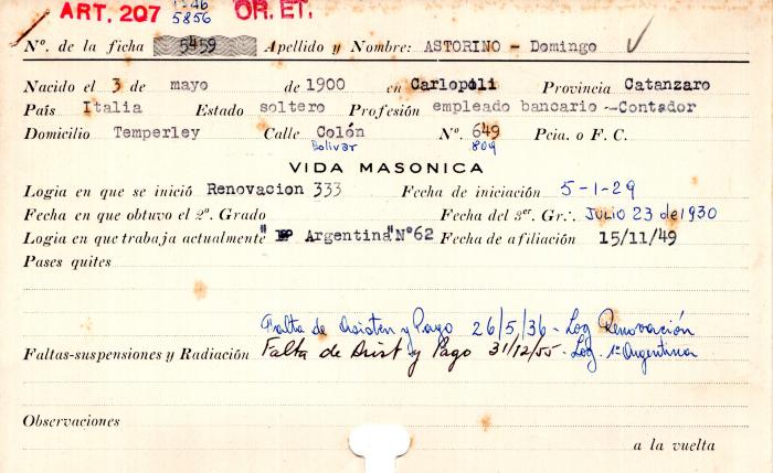 Ficha de miembro de Domingo Astorino.