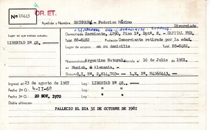 Ficha de miembro de Federico Máximo Bachman.