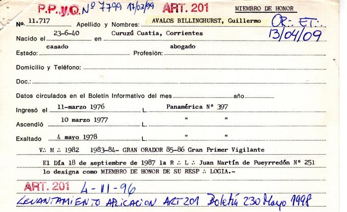 Ficha de miembro de Guillermo Avalos Billinghurst.
