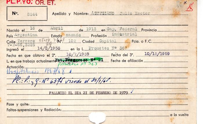 Ficha de miembro de Julio Héctor Astesiano.