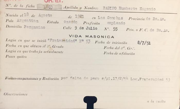 Ficha de miembro de Humberto	Eugenio Badino.