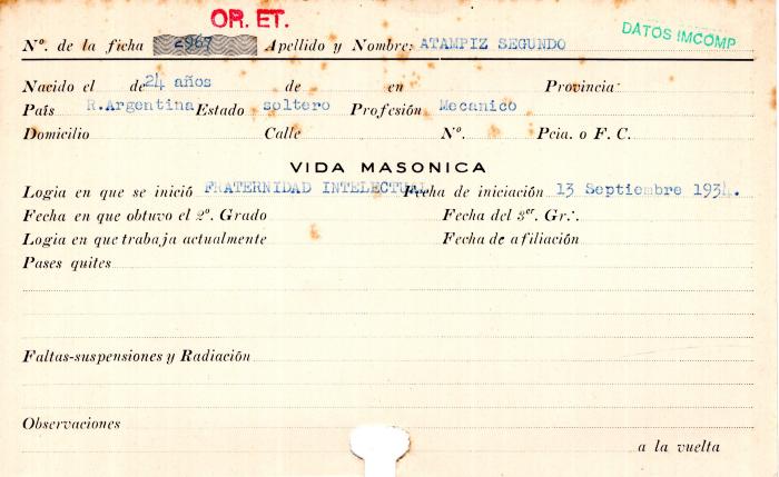 Ficha de miembro de Segundo Atampiz.