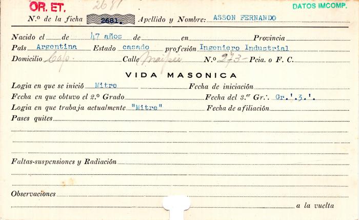 Ficha de miembro de Fernando Asson.