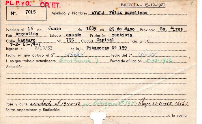 Ficha de miembro de Félix Aureliano Ayala.