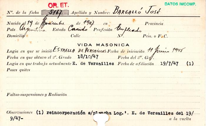 Ficha de miembro de José Bargalló.