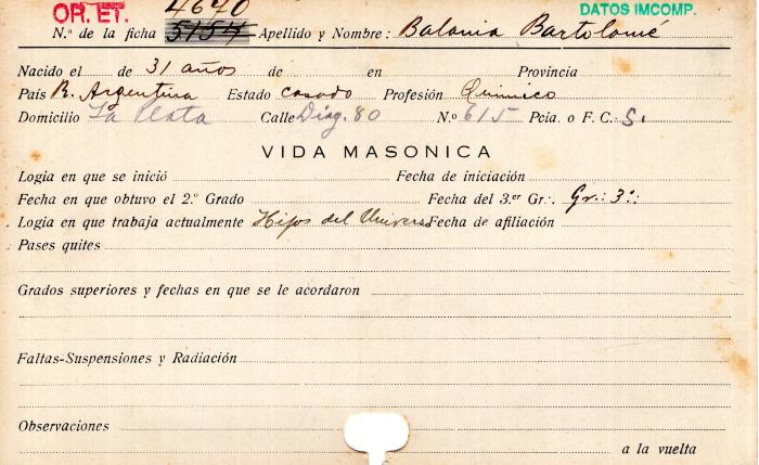 Ficha de miembro de Bartolomé Balania.