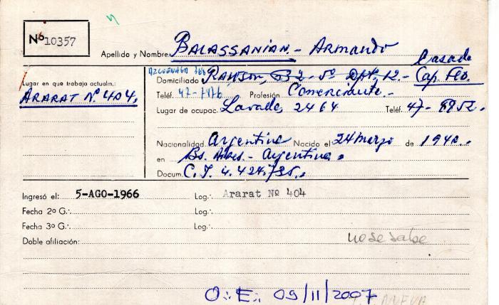 Ficha de miembro de Armando Balassanian.