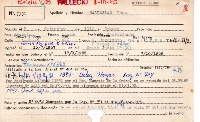 Ficha de miembro de León Balekjian.