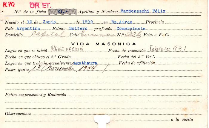 Ficha de miembro de Félix Bardoneschi.